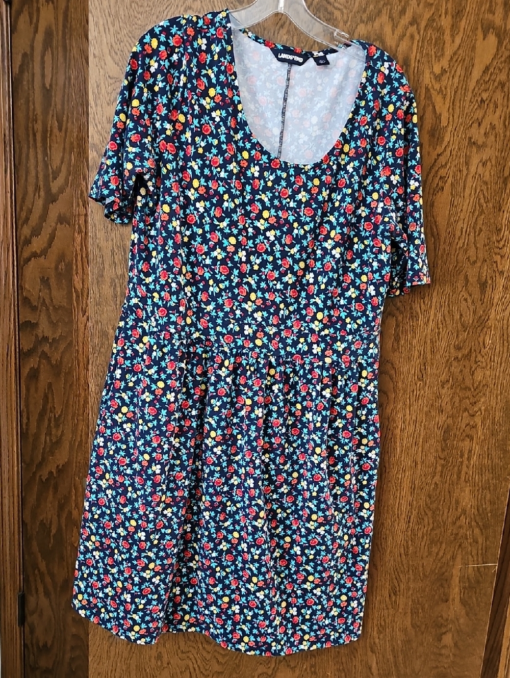 Lands' End Navy Floral Midi Dress with Red, Yellow and Light Blue Flowers